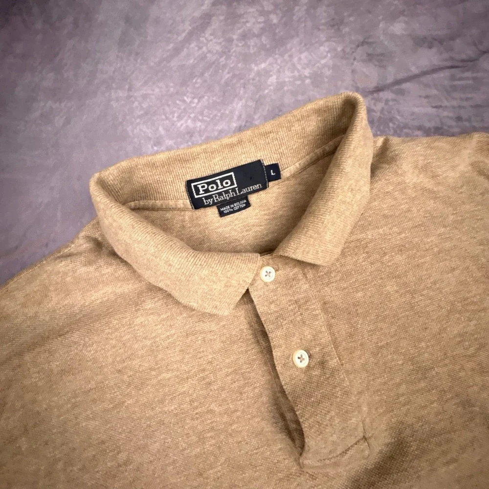 Polo Ralph Lauren Long‎ Sleeve Polo Shirt Mens L Tan Heather Pique Vintage Y2K